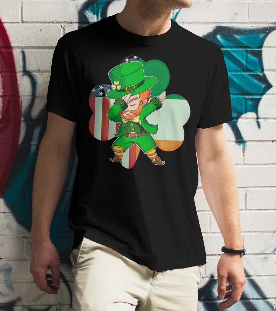 Funny Dabbing Leprechaun Shamrock American Irish Flag T-Shirt