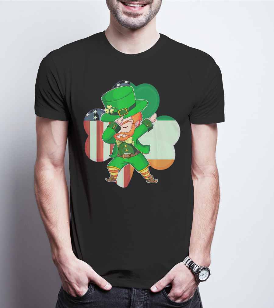 Funny Dabbing Leprechaun Shamrock American Irish Flag T-Shirt