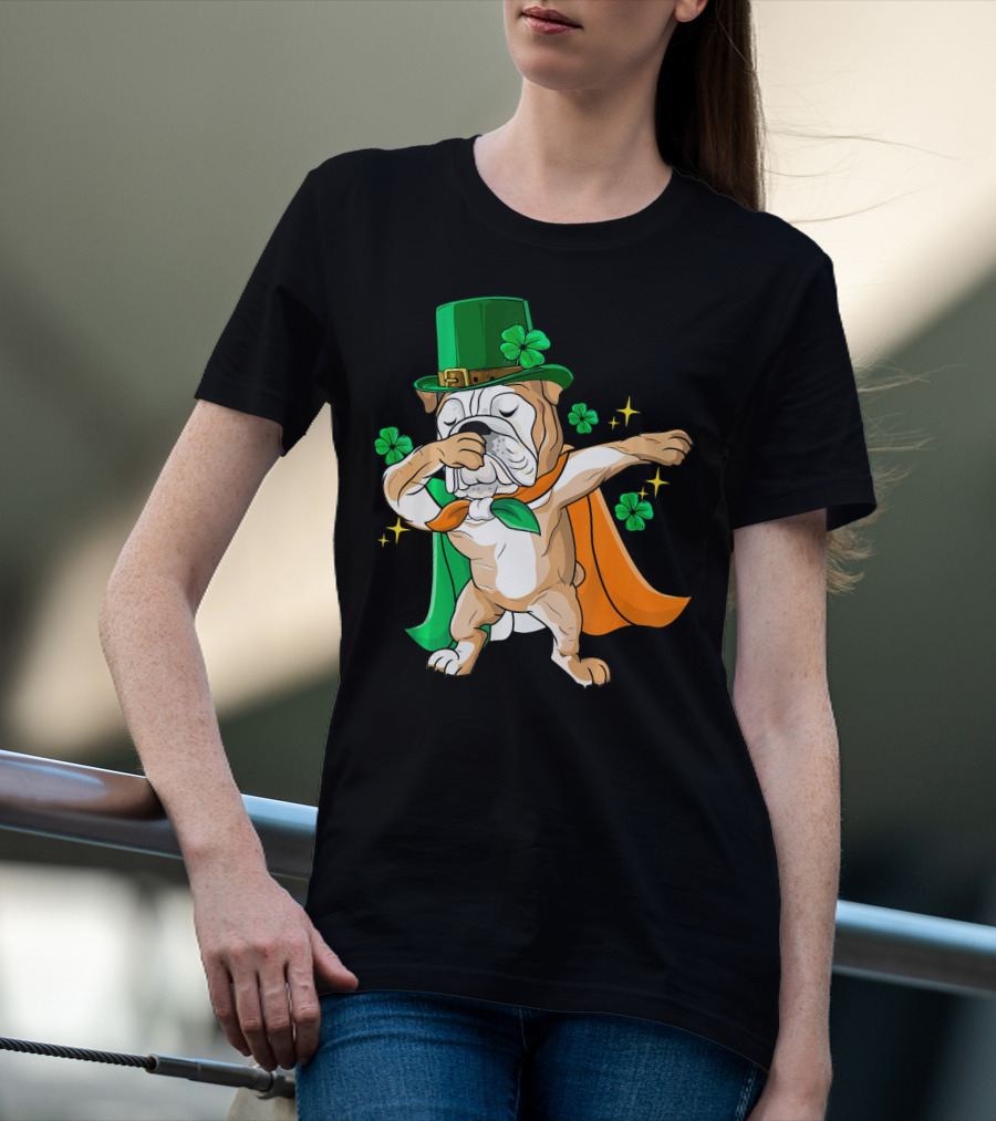 Irish Bulldog Dabbing Leprechaun With Shamrocks T-Shirt