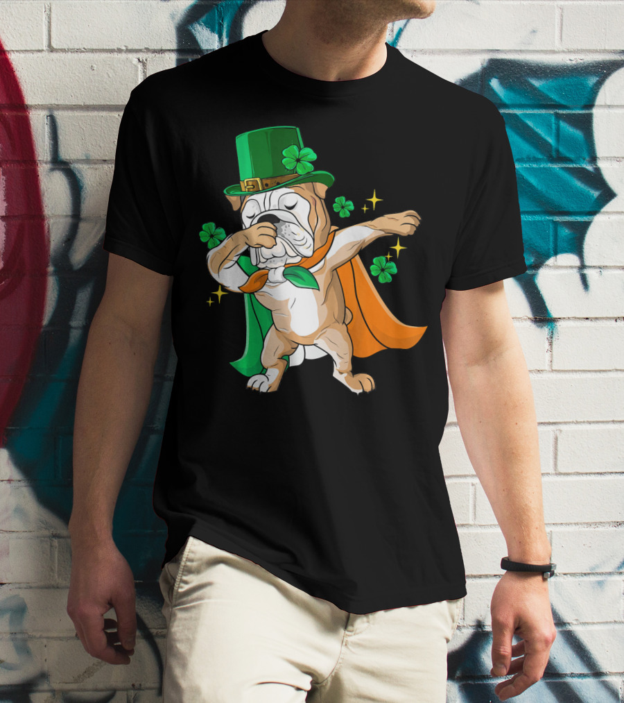 Irish Bulldog Dabbing Leprechaun With Shamrocks T-Shirt