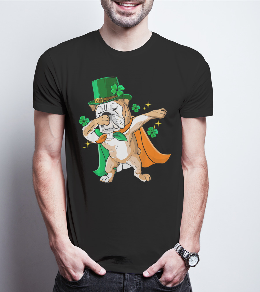 Irish Bulldog Dabbing Leprechaun With Shamrocks T-Shirt