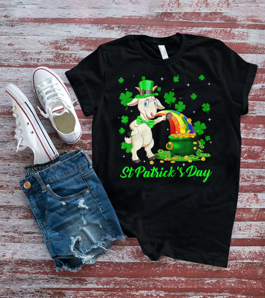 St Patrick's Day Leprechaun Goat Shamrock Rainbow Pot Of Gold T-Shirt