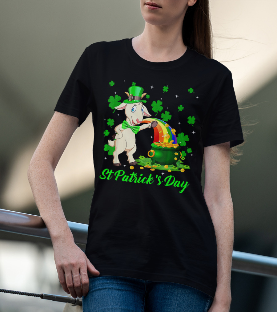 St Patrick's Day Leprechaun Goat Shamrock Rainbow Pot Of Gold T-Shirt