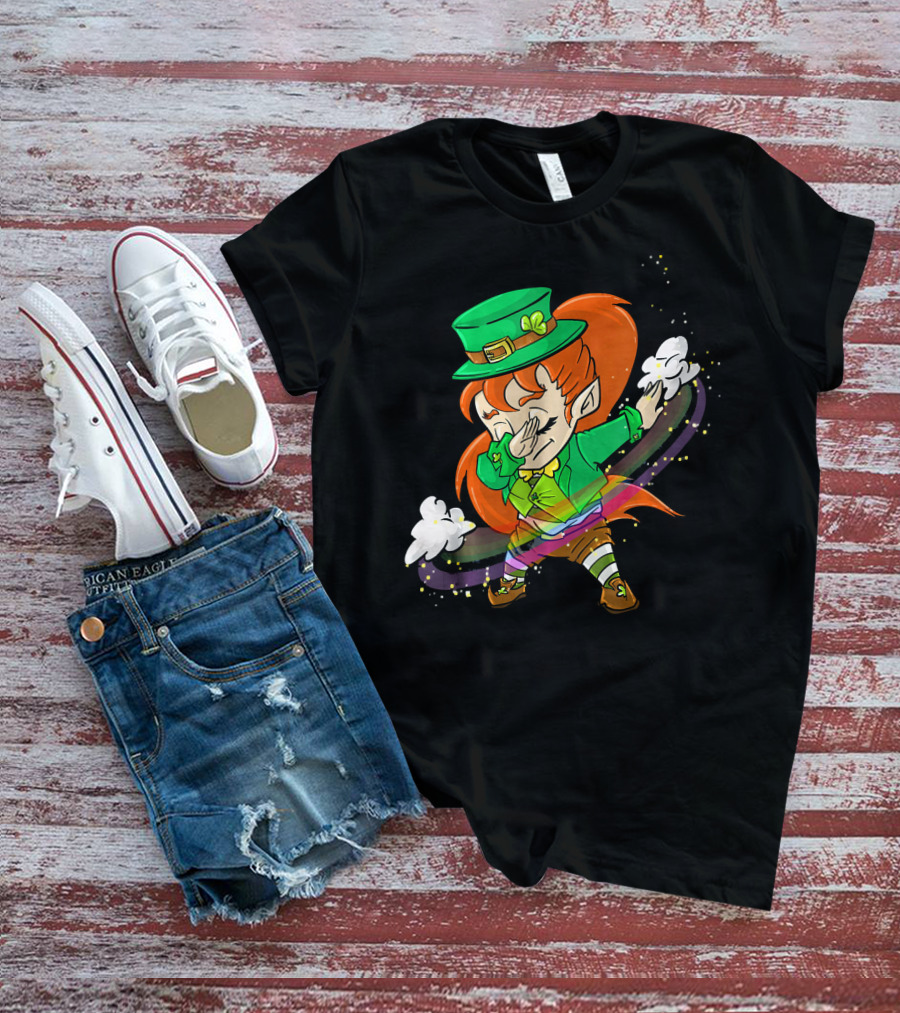 Dabbing Leprechaun Girl With Green Hat And Rainbow Magic T-Shirt