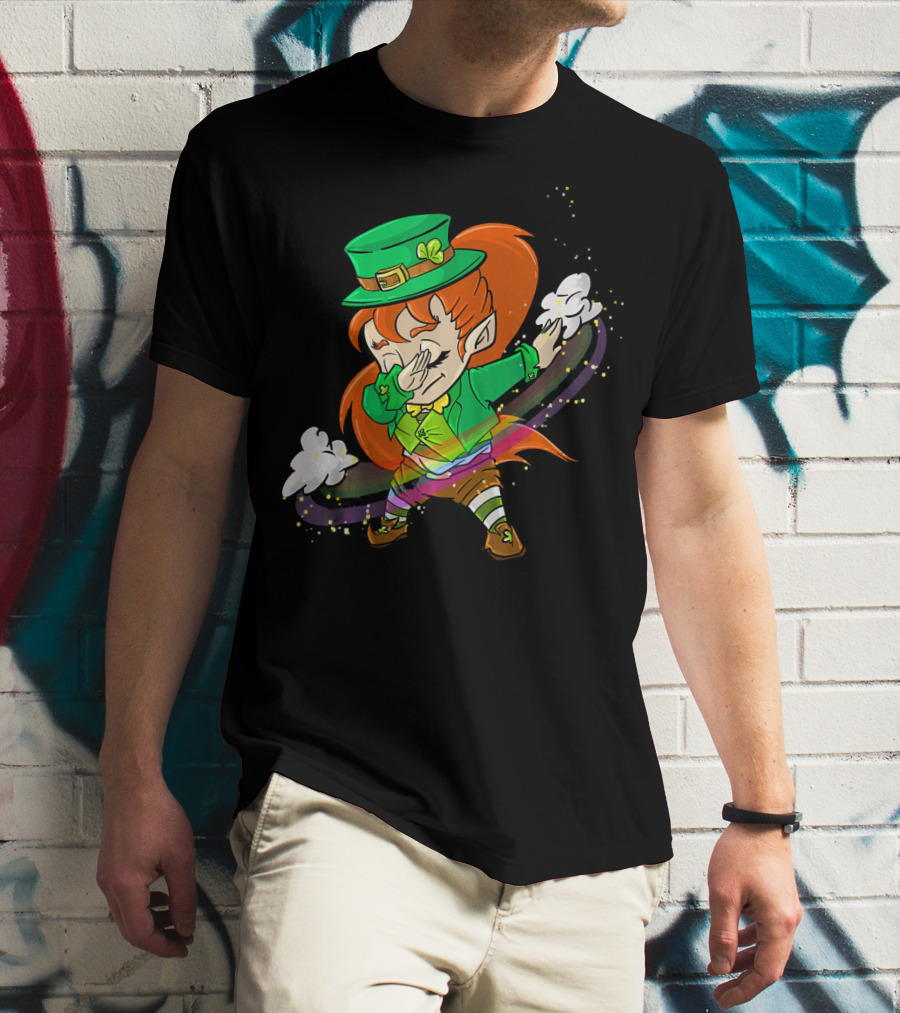 Dabbing Leprechaun Girl With Green Hat And Rainbow Magic T-Shirt