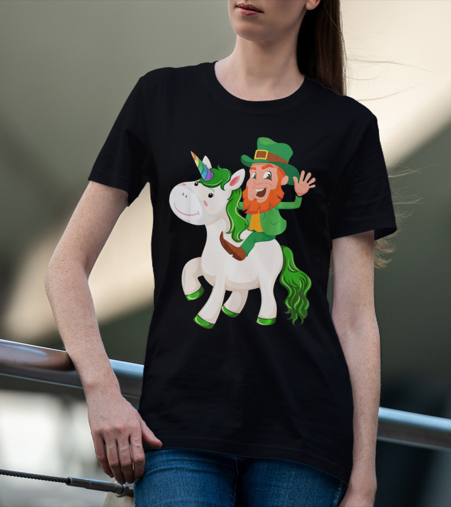 Unicorn Leprechaun Celebration Characters Green Hat And Red Beard Riding Playful Creature T-Shirt