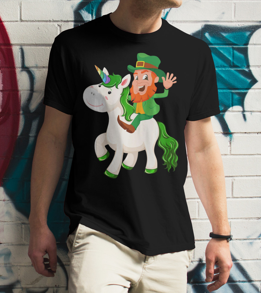 Unicorn Leprechaun Celebration Characters Green Hat And Red Beard Riding Playful Creature T-Shirt