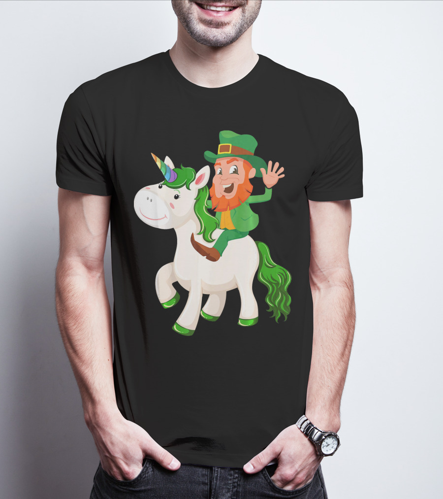 Unicorn Leprechaun Celebration Characters Green Hat And Red Beard Riding Playful Creature T-Shirt