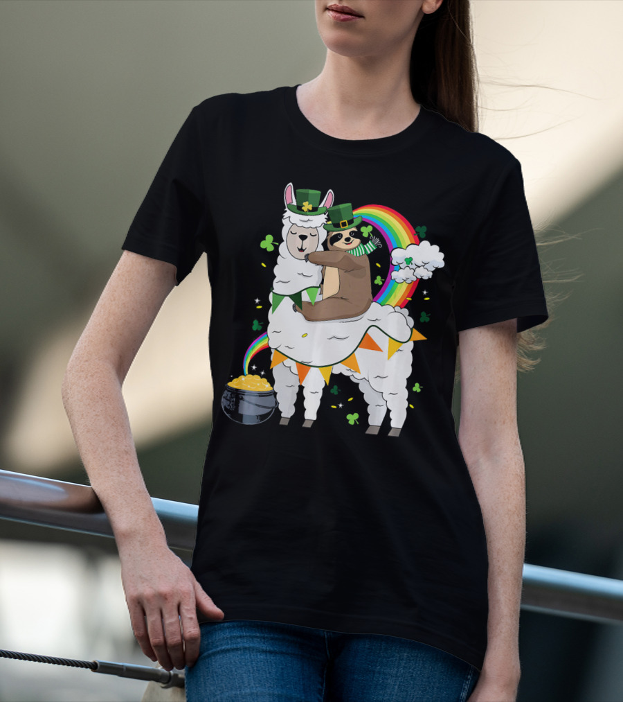 St. Patrick's Day Sloth Leprechaun With Rainbow And Gold On Llama T-Shirt