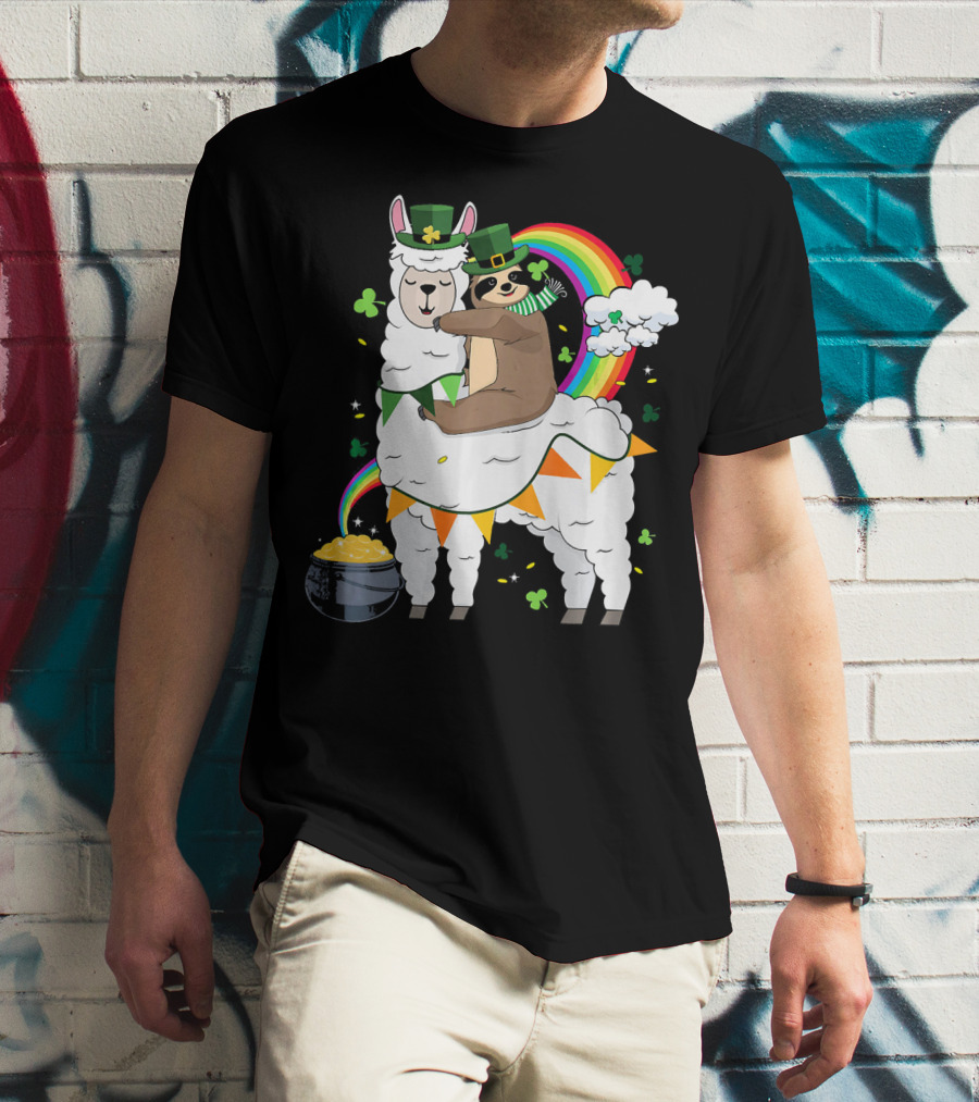 St. Patrick's Day Sloth Leprechaun With Rainbow And Gold On Llama T-Shirt