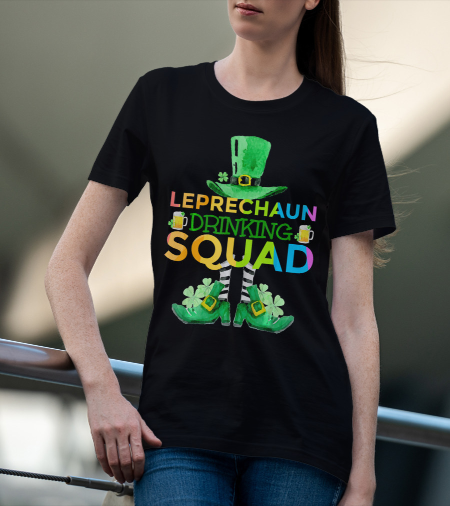Leprechaun Drinking Squad Beer Rainbow Hat Clover Stripes T-Shirt