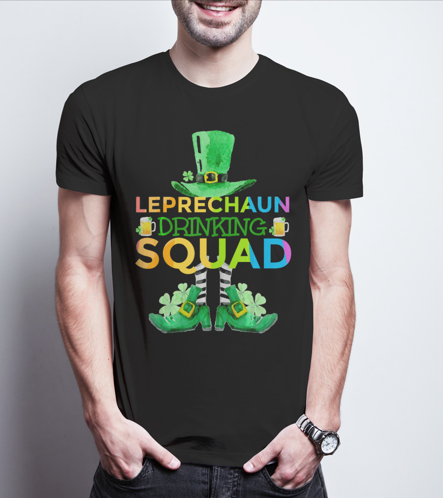 Leprechaun Drinking Squad Beer Rainbow Hat Clover Stripes T-Shirt