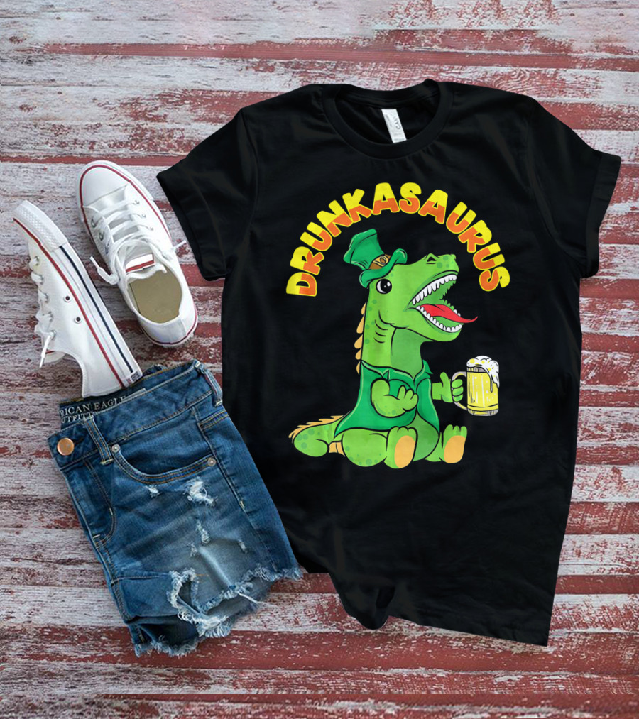 Drunkasaurus Leprechaun Dinosaur With Beer Drink T-Shirt