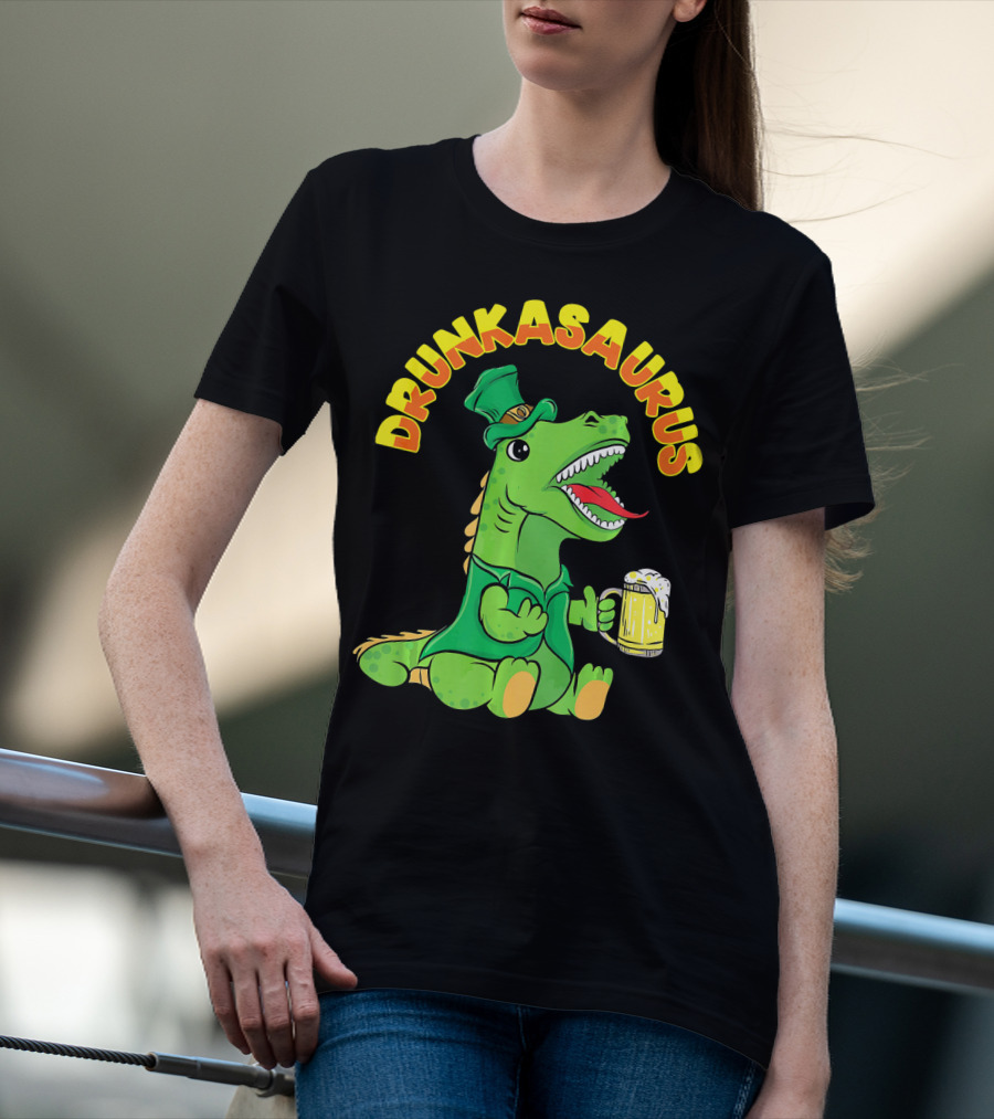Drunkasaurus Leprechaun Dinosaur With Beer Drink T-Shirt