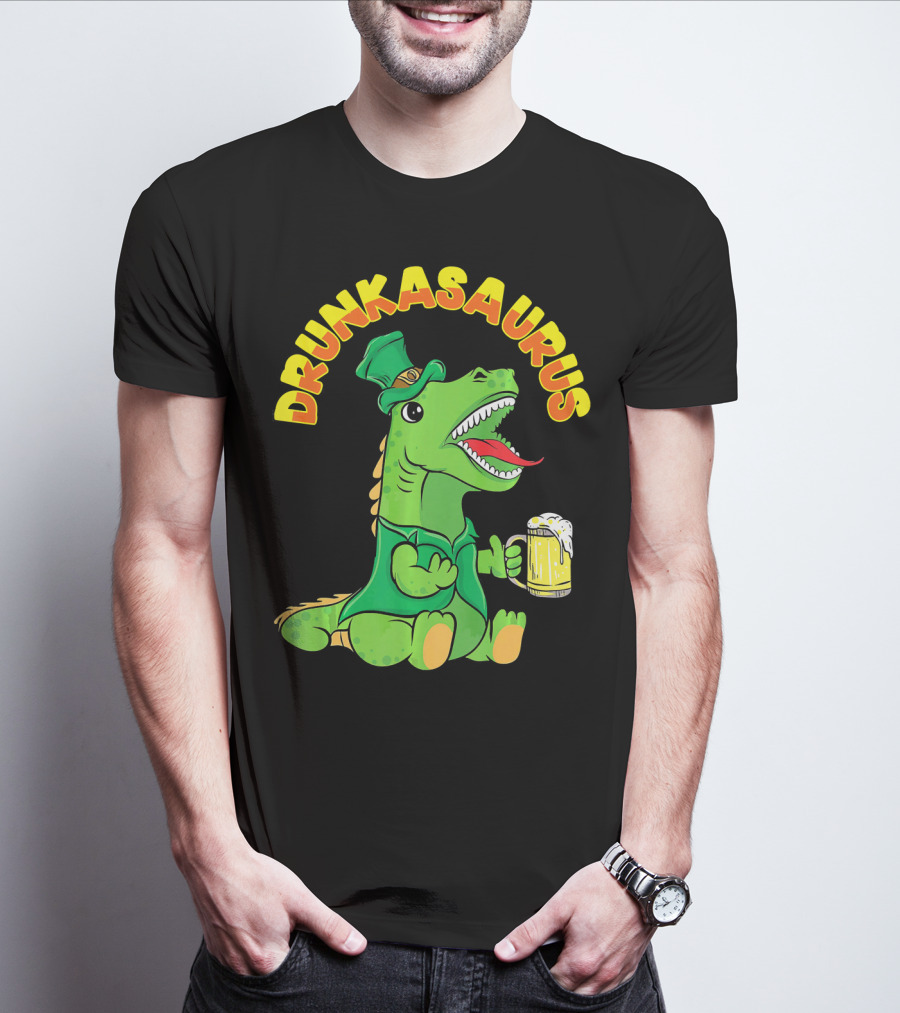 Drunkasaurus Leprechaun Dinosaur With Beer Drink T-Shirt