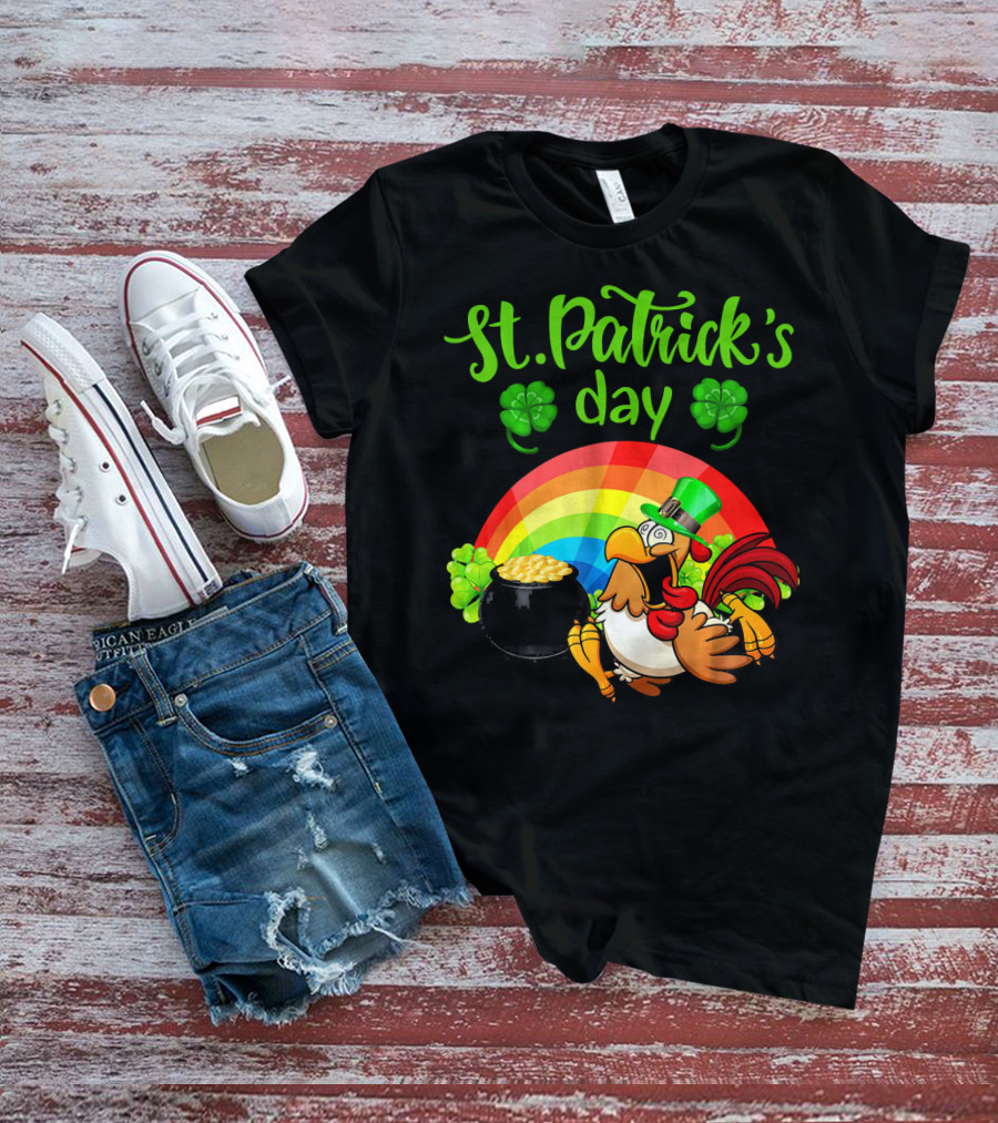 St. Patrick's Day Leprechaun Chicken With Rainbow And Pot Of Gold T-Shirt