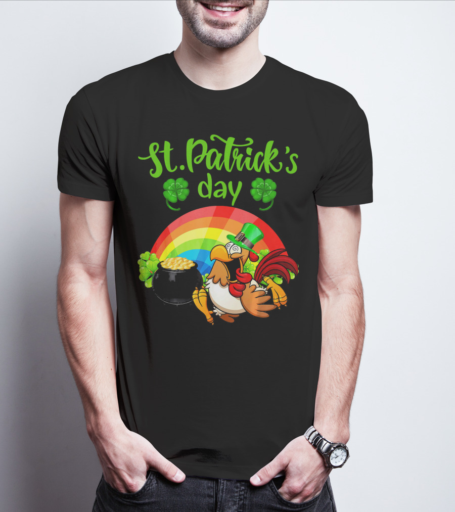 St. Patrick's Day Leprechaun Chicken With Rainbow And Pot Of Gold T-Shirt