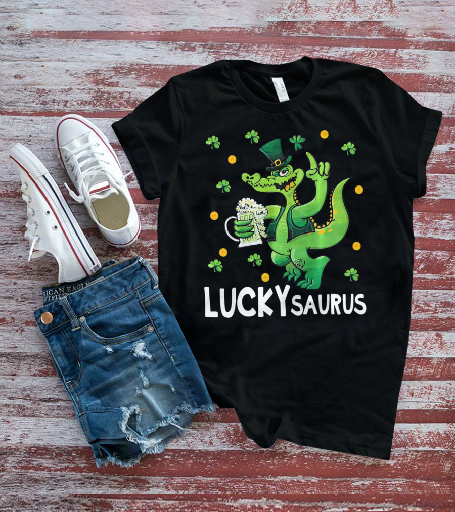 Luckysaurus Dinosaur Leprechaun Drinking Green Beer With Shamrocks And Coins T-Shirt