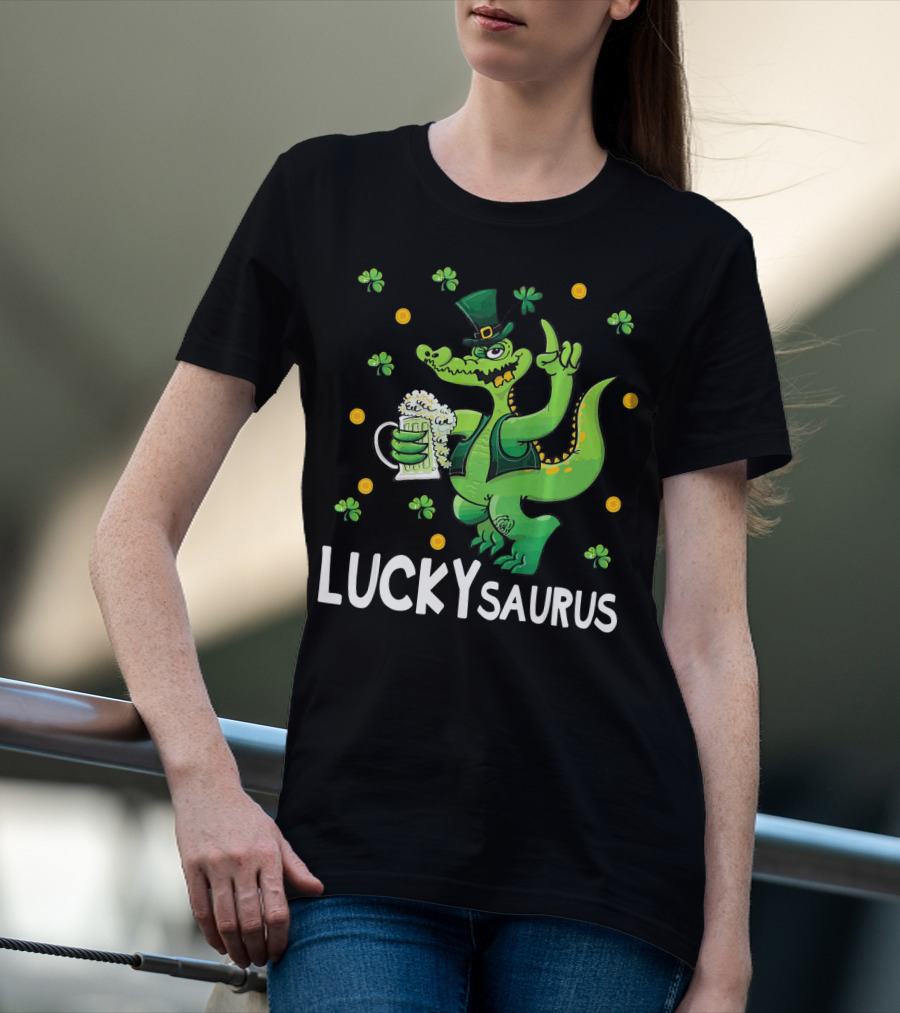 Luckysaurus Dinosaur Leprechaun Drinking Green Beer With Shamrocks And Coins T-Shirt