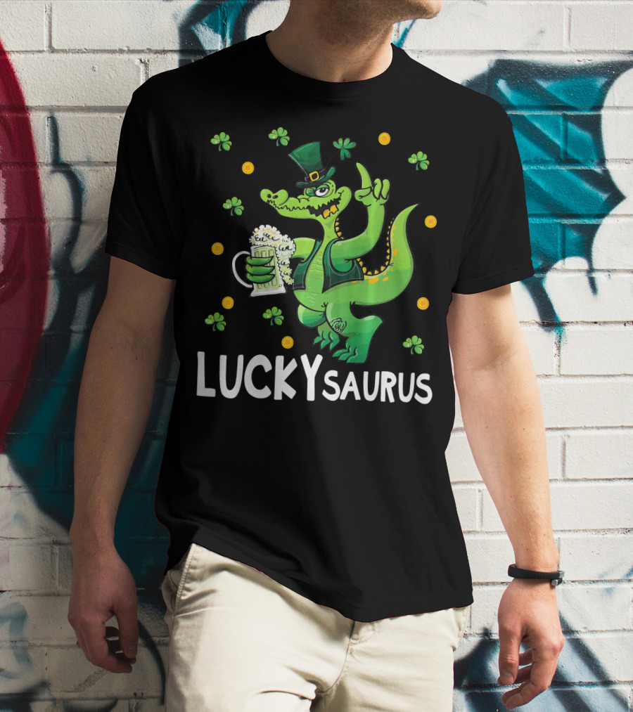 Luckysaurus Dinosaur Leprechaun Drinking Green Beer With Shamrocks And Coins T-Shirt