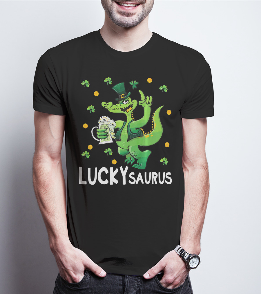 Luckysaurus Dinosaur Leprechaun Drinking Green Beer With Shamrocks And Coins T-Shirt