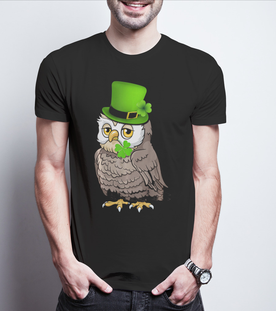 St Patricks Day Owl Wearing Green Hat With Shamrock Clove T-Shirt