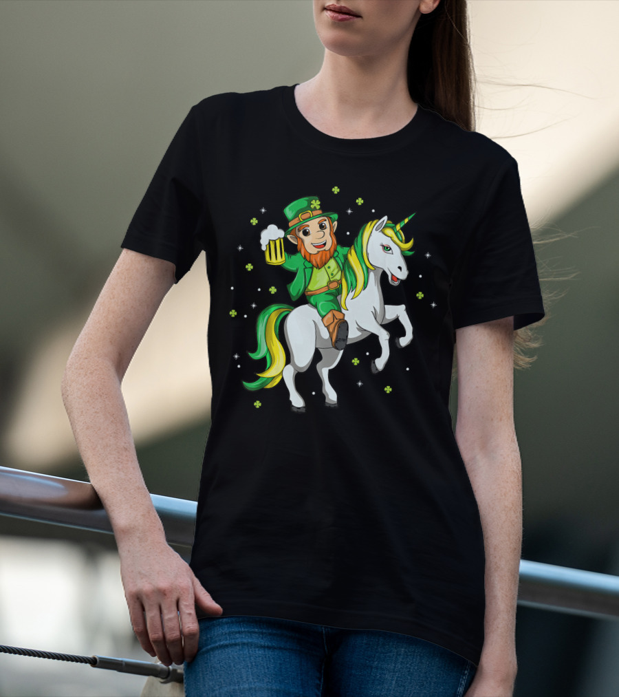 Lepricorn Irish Unicorn With Beer Mug And Shamrocks T-Shirt