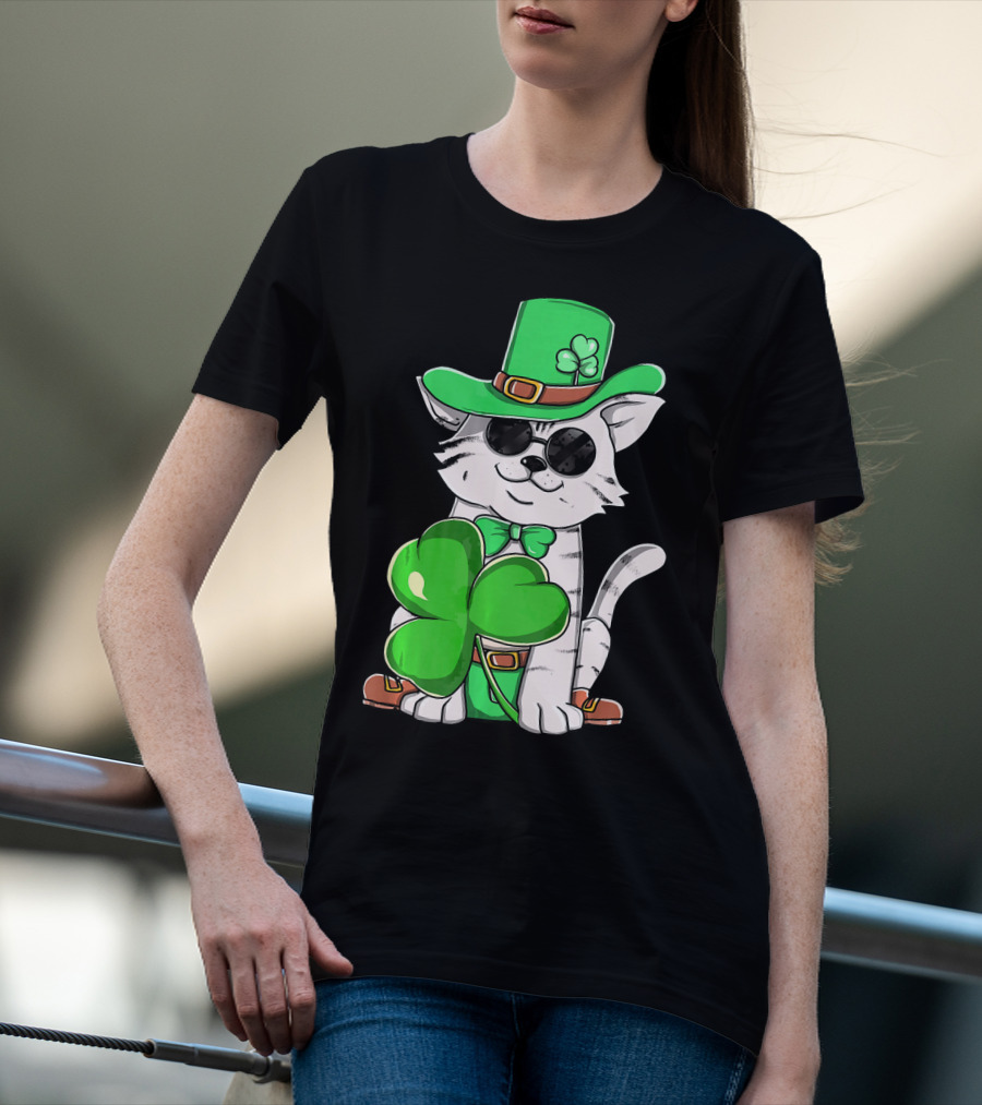 Leprechaun Cat Shamrock Irish St Pat Day Kitty T-Shirt
