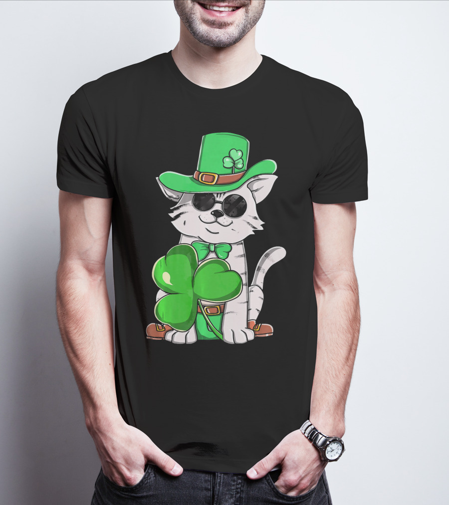 Leprechaun Cat Shamrock Irish St Pat Day Kitty T-Shirt