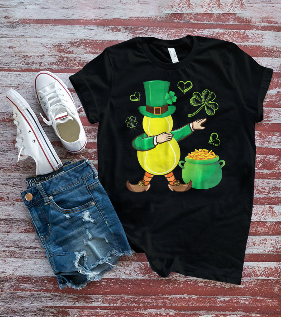 Tennis Leprechaun Dabbing With Gold Pot And Shamrocks T-Shirt