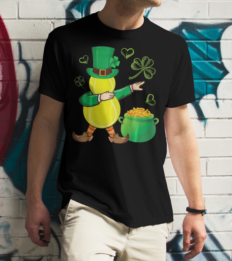 Tennis Leprechaun Dabbing With Gold Pot And Shamrocks T-Shirt