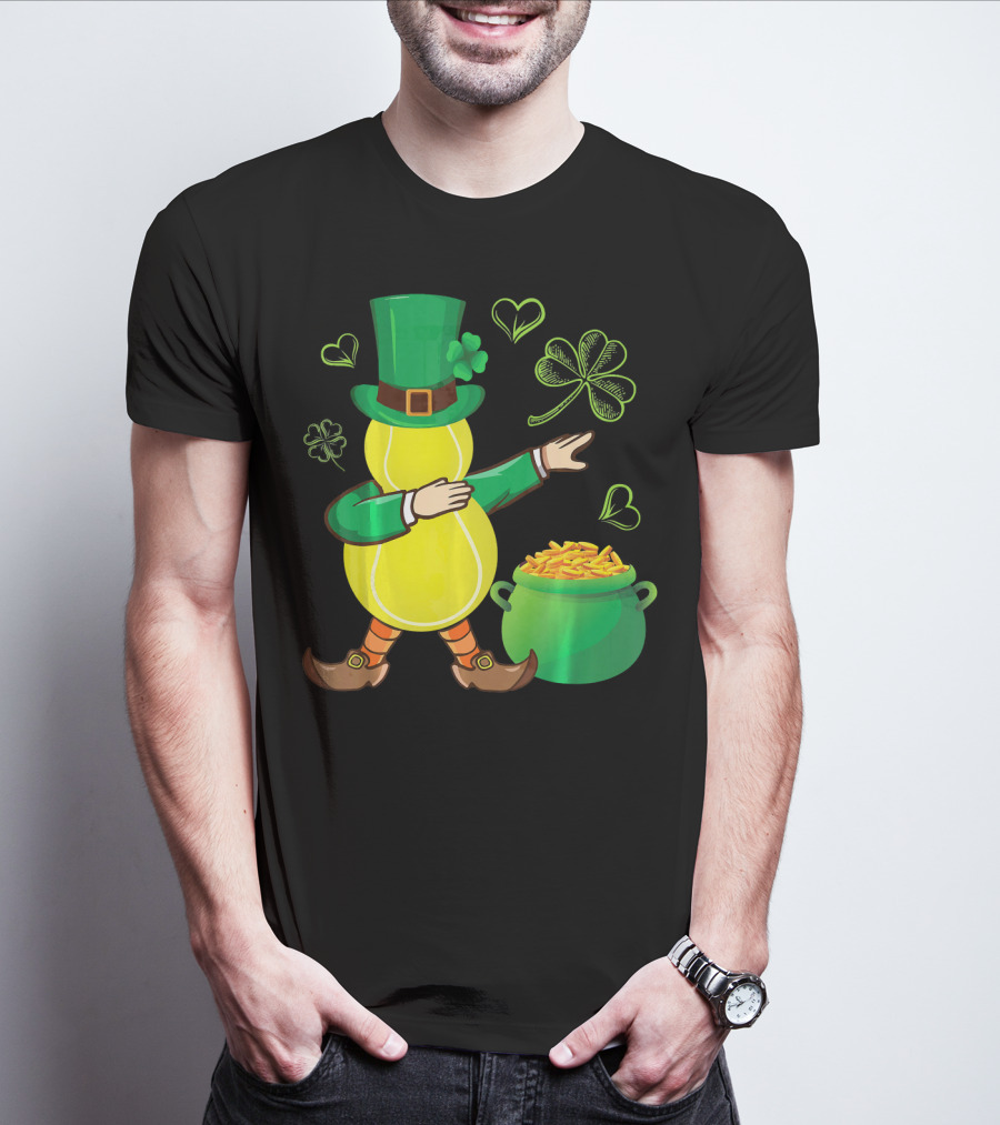 Tennis Leprechaun Dabbing With Gold Pot And Shamrocks T-Shirt