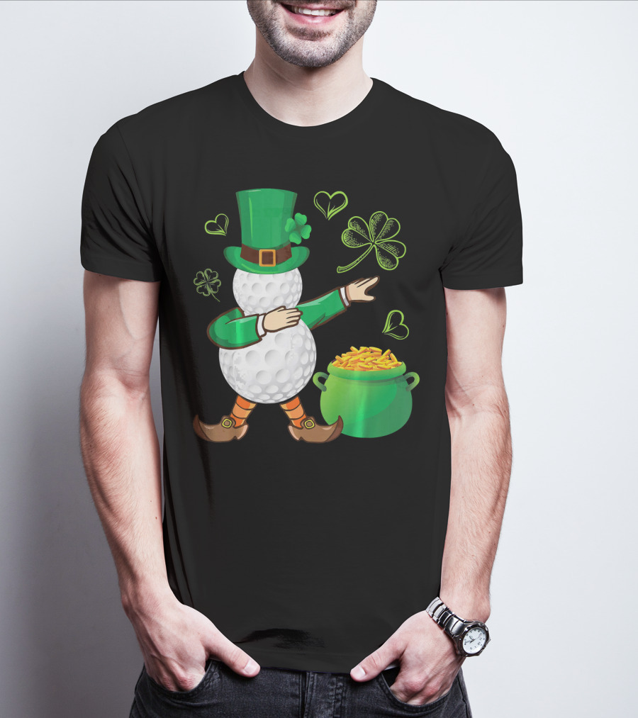 Golf Leprechaun Dabbing With Gold Shamrock And Pot Of Gold T-Shirt