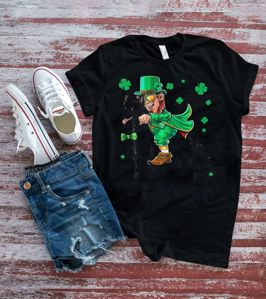 Leprechaun Riding Belgian Sheepdog With Shamrocks T-Shirt