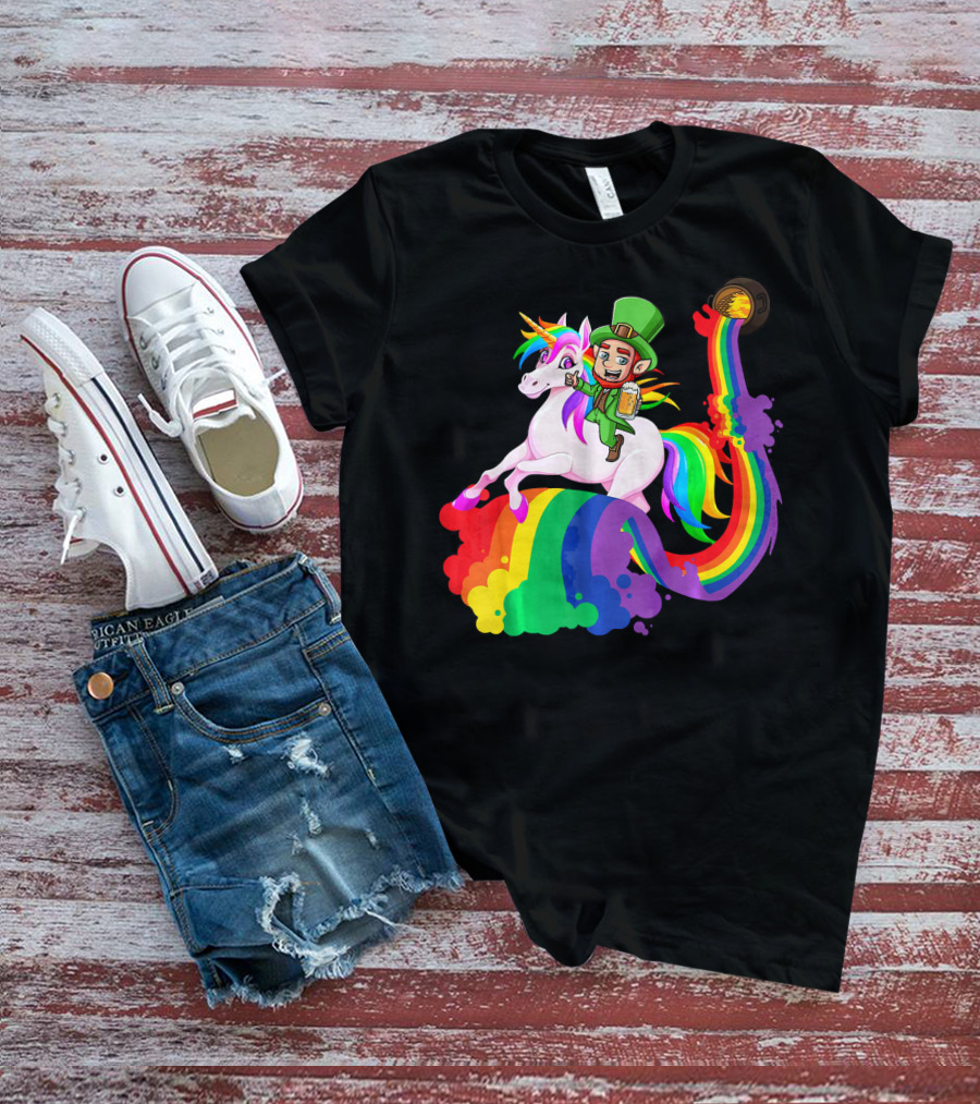 Patrick Leprechaun Riding Unicorn Rainbow With Beer And Pot Of Gold T-Shirt