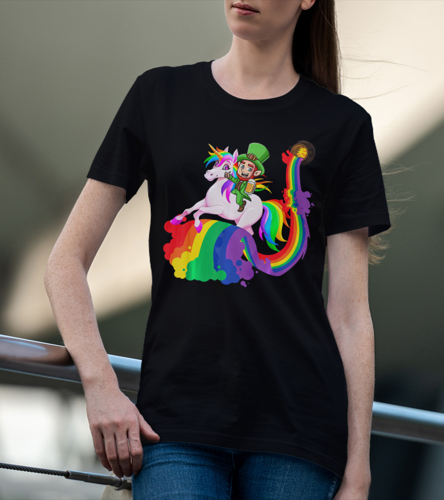 Patrick Leprechaun Riding Unicorn Rainbow With Beer And Pot Of Gold T-Shirt