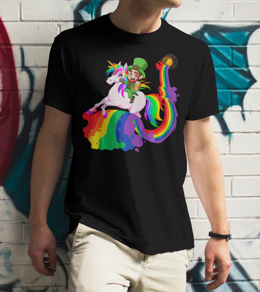Patrick Leprechaun Riding Unicorn Rainbow With Beer And Pot Of Gold T-Shirt