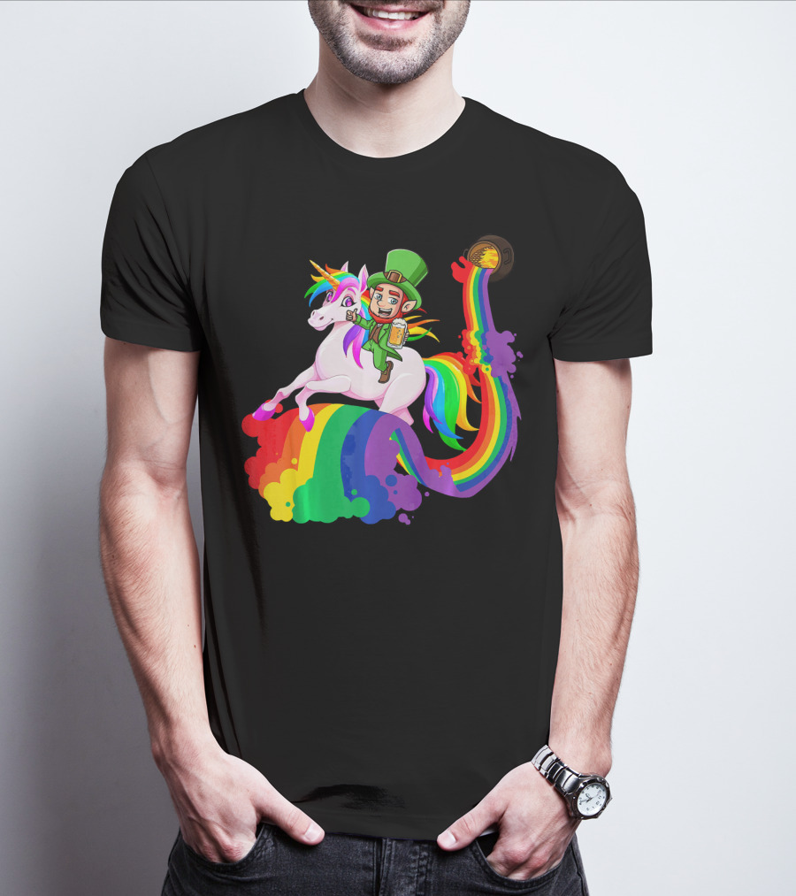 Patrick Leprechaun Riding Unicorn Rainbow With Beer And Pot Of Gold T-Shirt