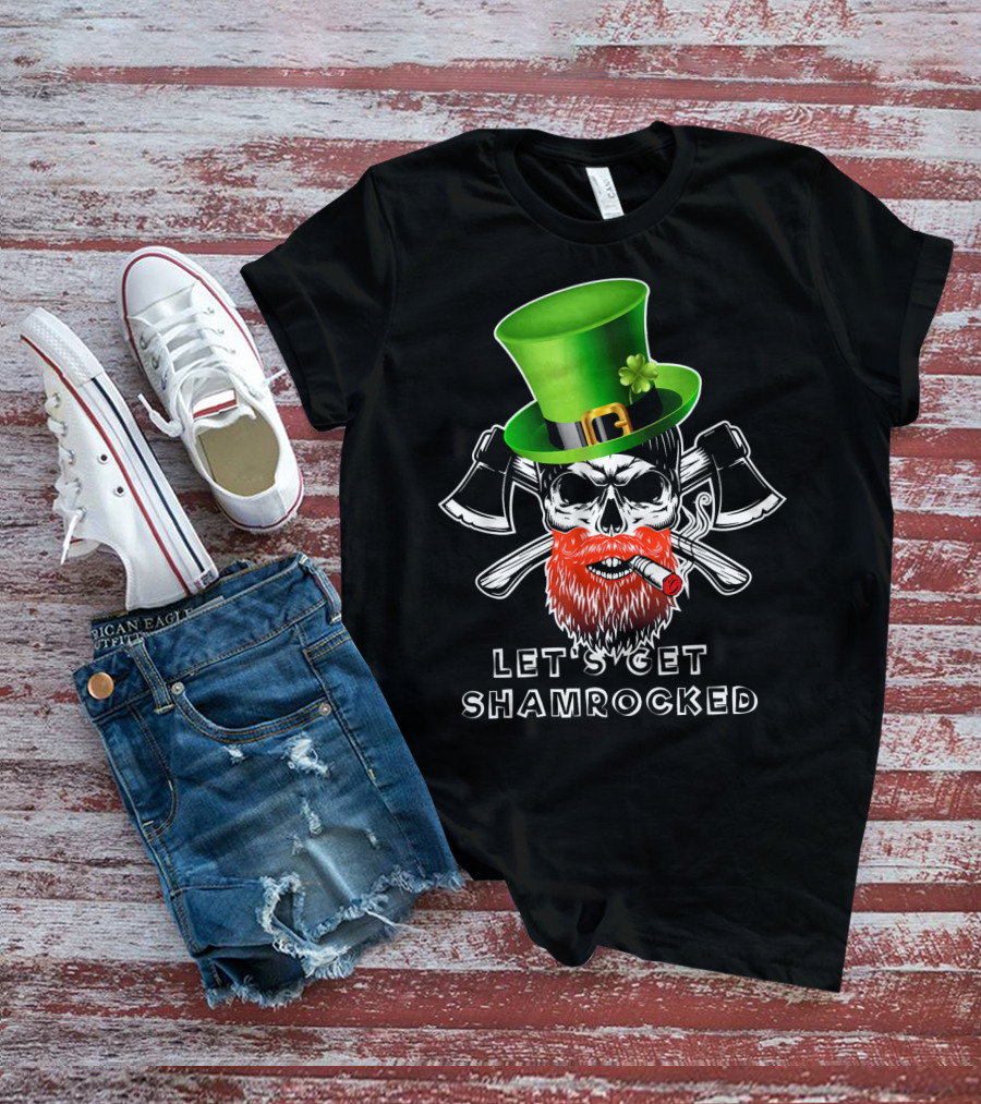 Let's Get Shamrocked St Patrick's Day Skull With Green Hat And Axes T-Shirt