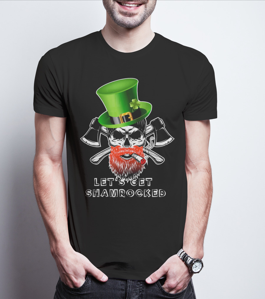 Let's Get Shamrocked St Patrick's Day Skull With Green Hat And Axes T-Shirt