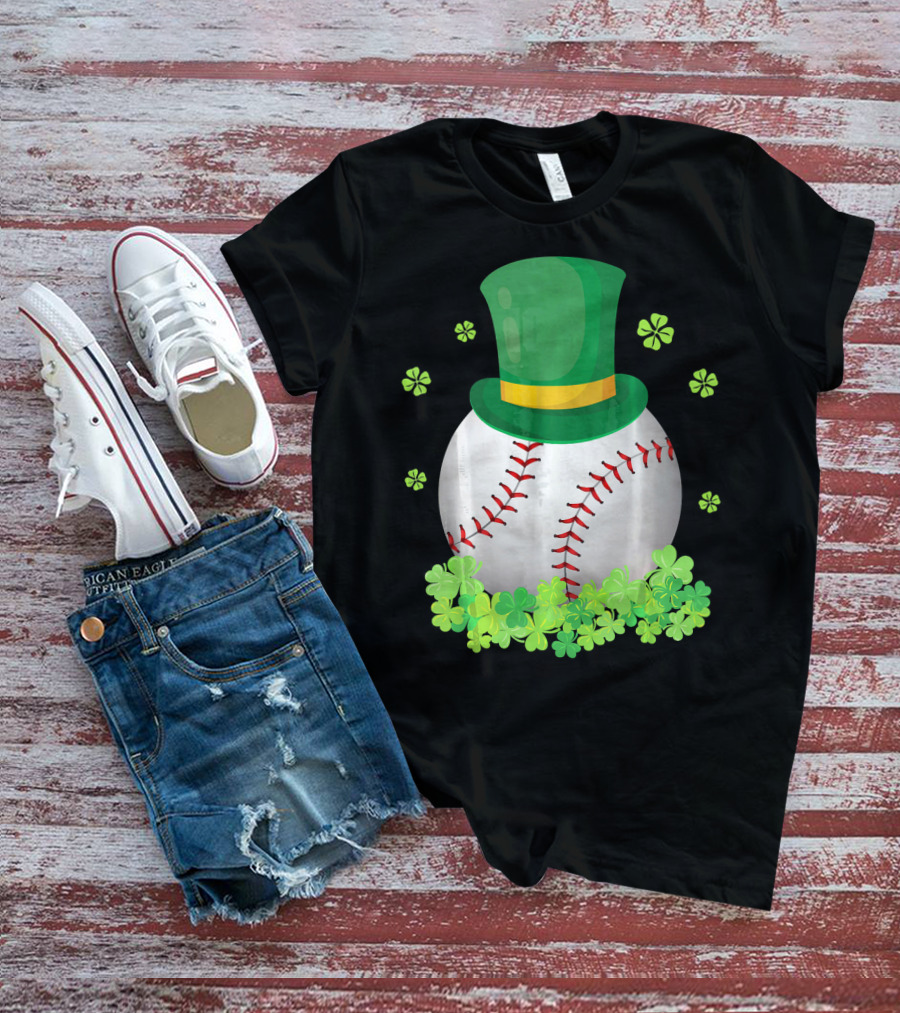 Baseball Leprechaun Hat With Shamrocks And Four-Leaf Clovers T-Shirt