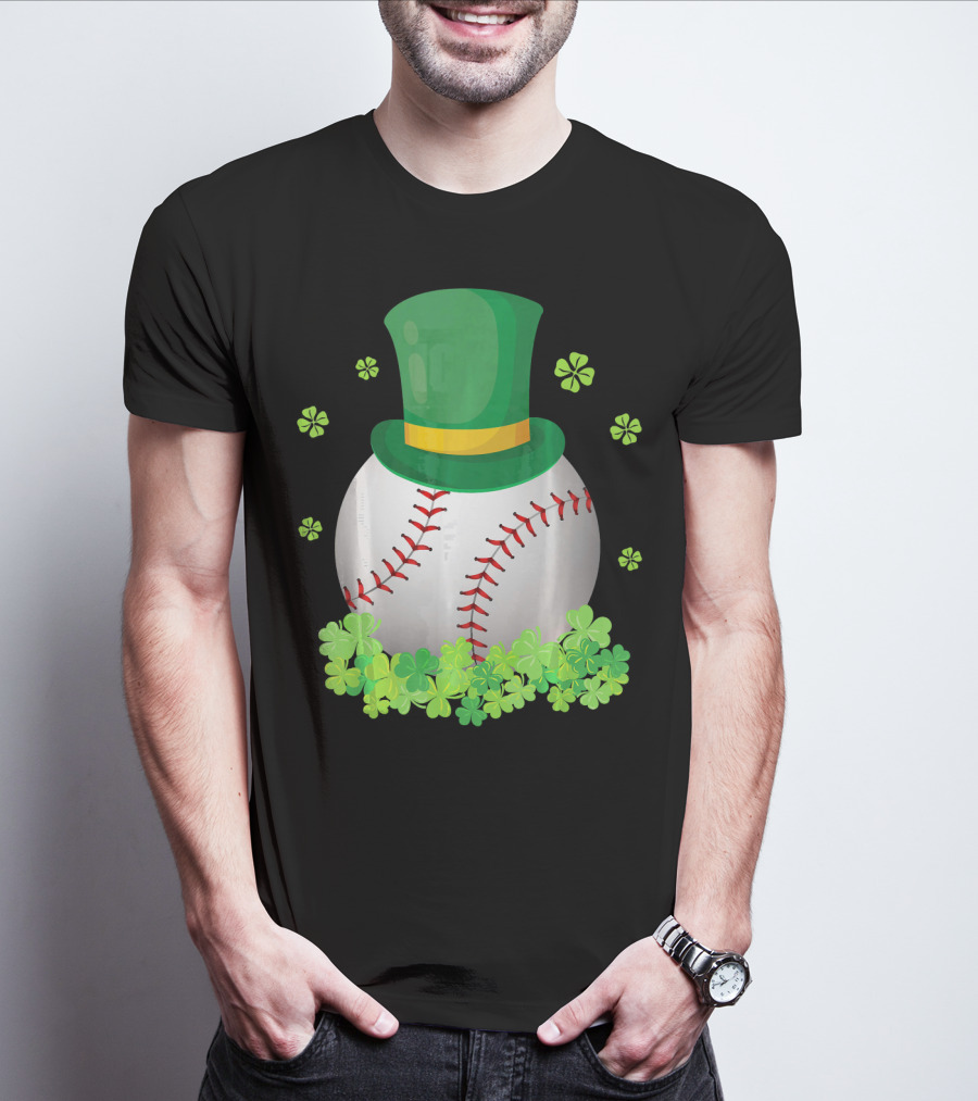 Baseball Leprechaun Hat With Shamrocks And Four-Leaf Clovers T-Shirt
