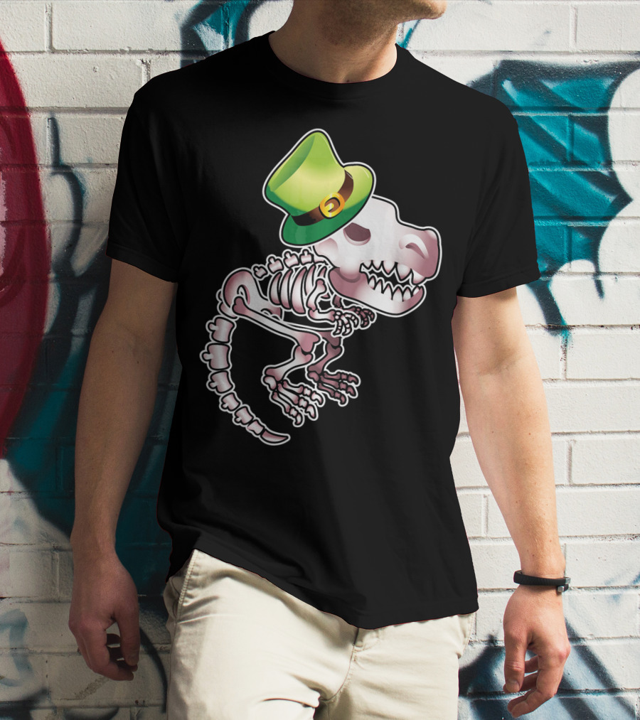 T Rex Dinosaur Skeleton With Green Leprechaun Hat T-Shirt