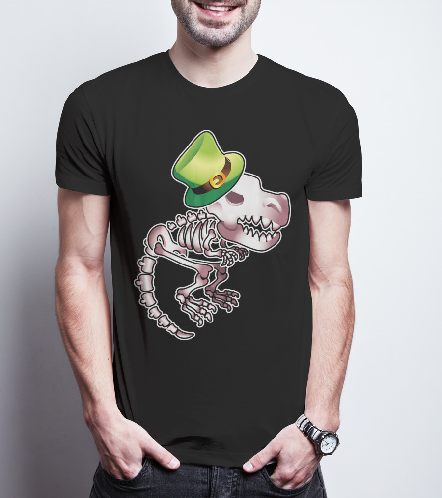 T Rex Dinosaur Skeleton With Green Leprechaun Hat T-Shirt