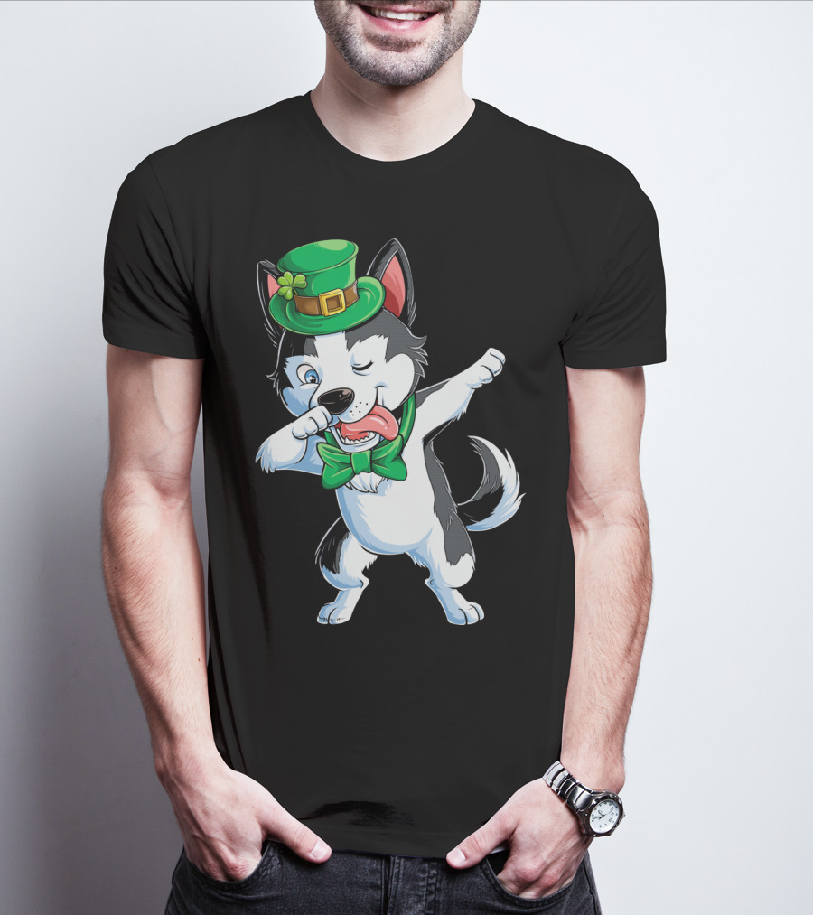 Dabbing Siberian Husky St. Patrick’s Day Green Hat Bow Tie T-Shirt