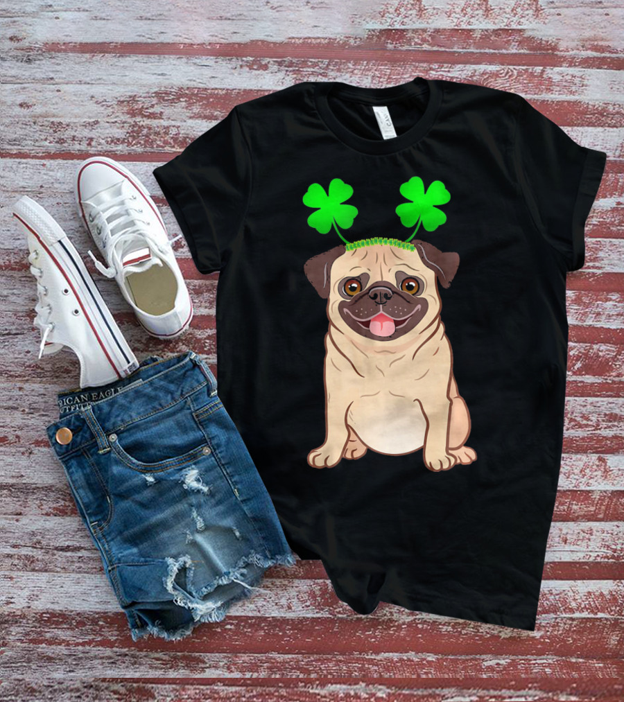 Cute Pug Adorned In Shamrock Headband With Happy Expression T-Shirt