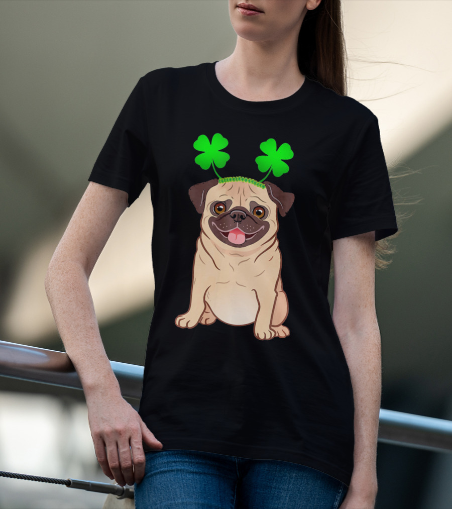Cute Pug Adorned In Shamrock Headband With Happy Expression T-Shirt