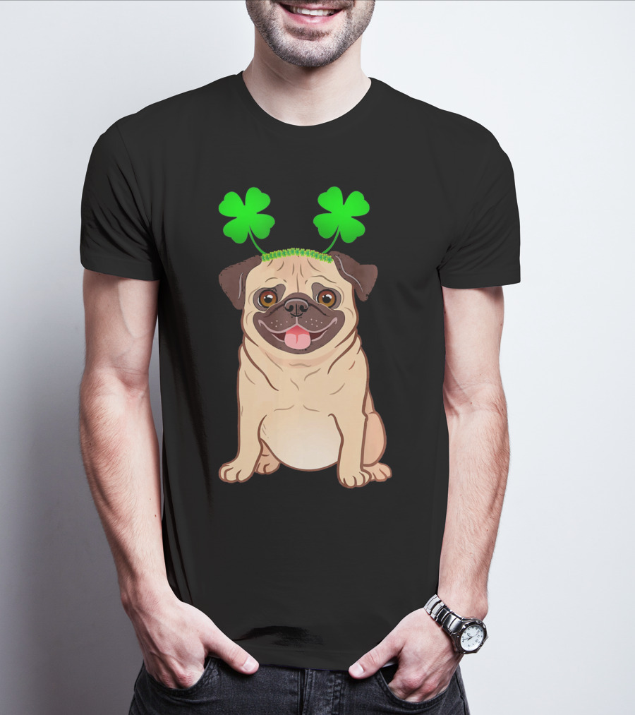 Cute Pug Adorned In Shamrock Headband With Happy Expression T-Shirt