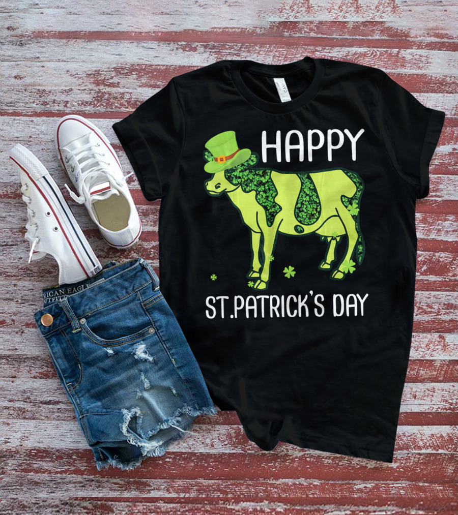 Happy St. Patrick's Day Shamrocks Cow Leprechaun T-Shirt
