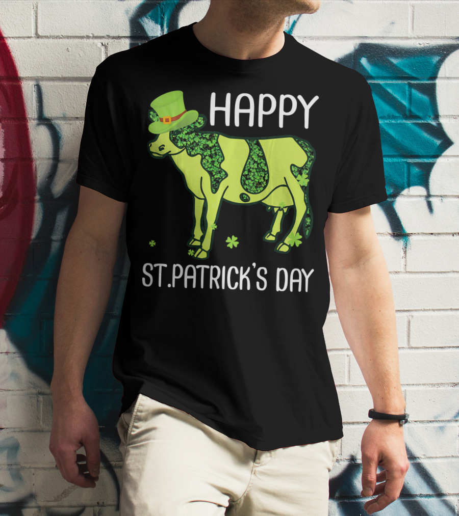 Happy St. Patrick's Day Shamrocks Cow Leprechaun T-Shirt